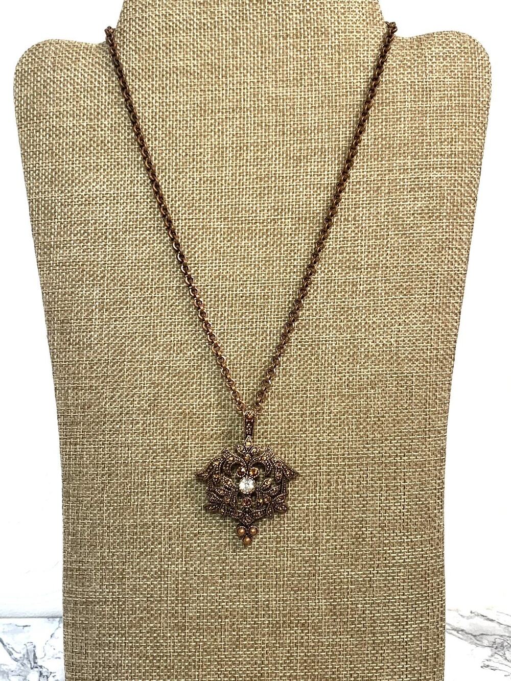 Vintage Bronze Tone Filigree Flower Pendant Necklace Clear Rhinestone Romantic